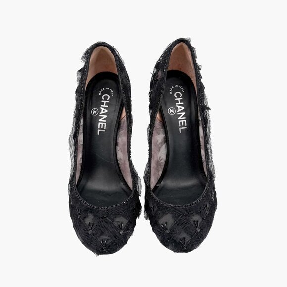 Chanel CC Bead-Embellished Pumps Black Mesh Lace Heels Size 38.5 US 7.5-8 - Picture 2 of 16